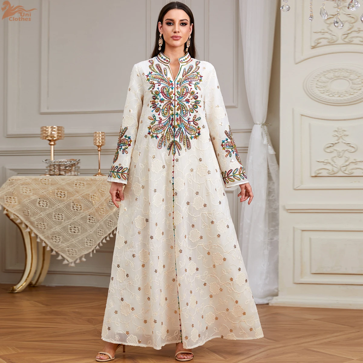 

Элегантное мусульманское платье макси с вышивкой в дубайском стиле, с вышитыми рукавами, модная абайя, длинные скромные платья 2026