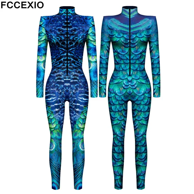 FCCEXIO Peacock Feather Pattern 3D Printed Cosplay Costume Sexy Jumpsuit Bodysuit Adult Carnival Party Clothing S-XL Women Jumps