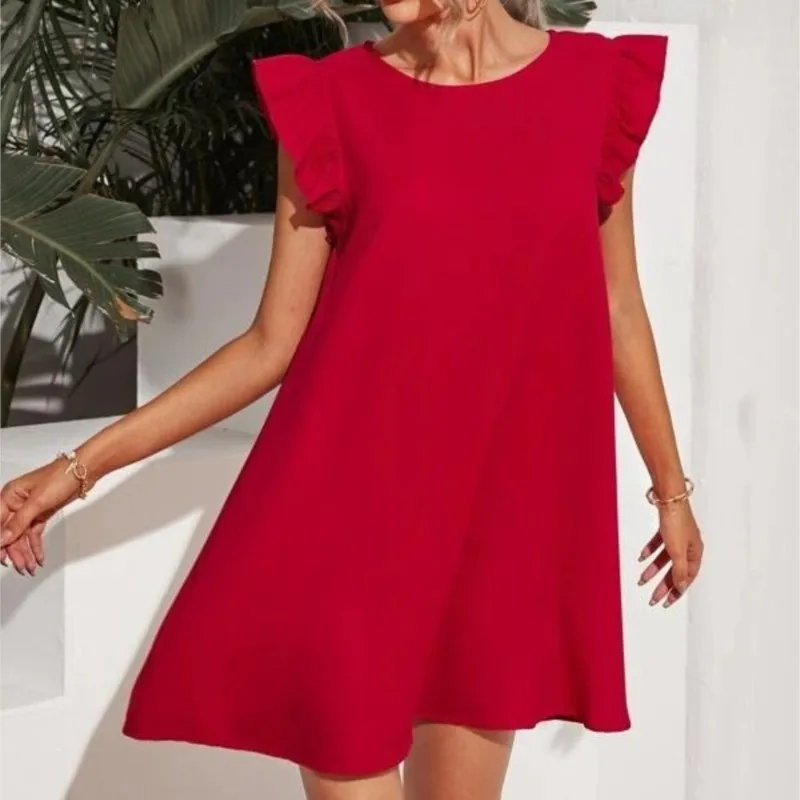 Vestido de playa de Color liso para mujer, minivestido informal holgado con manga con volantes, estilo bohemio, rosa, para vacaciones, novedad