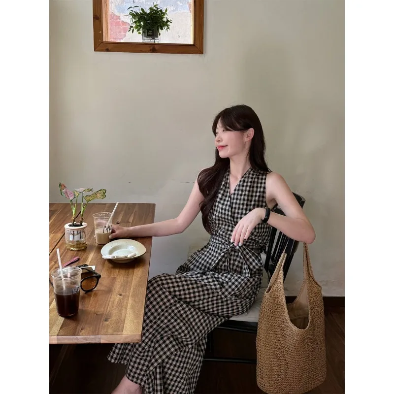 봄과 여름 신상 한국 스타일 니치 디자인 레이스업 홀터 체크 조끼 와이드 레그 캐주얼 팬츠 투피스 세트