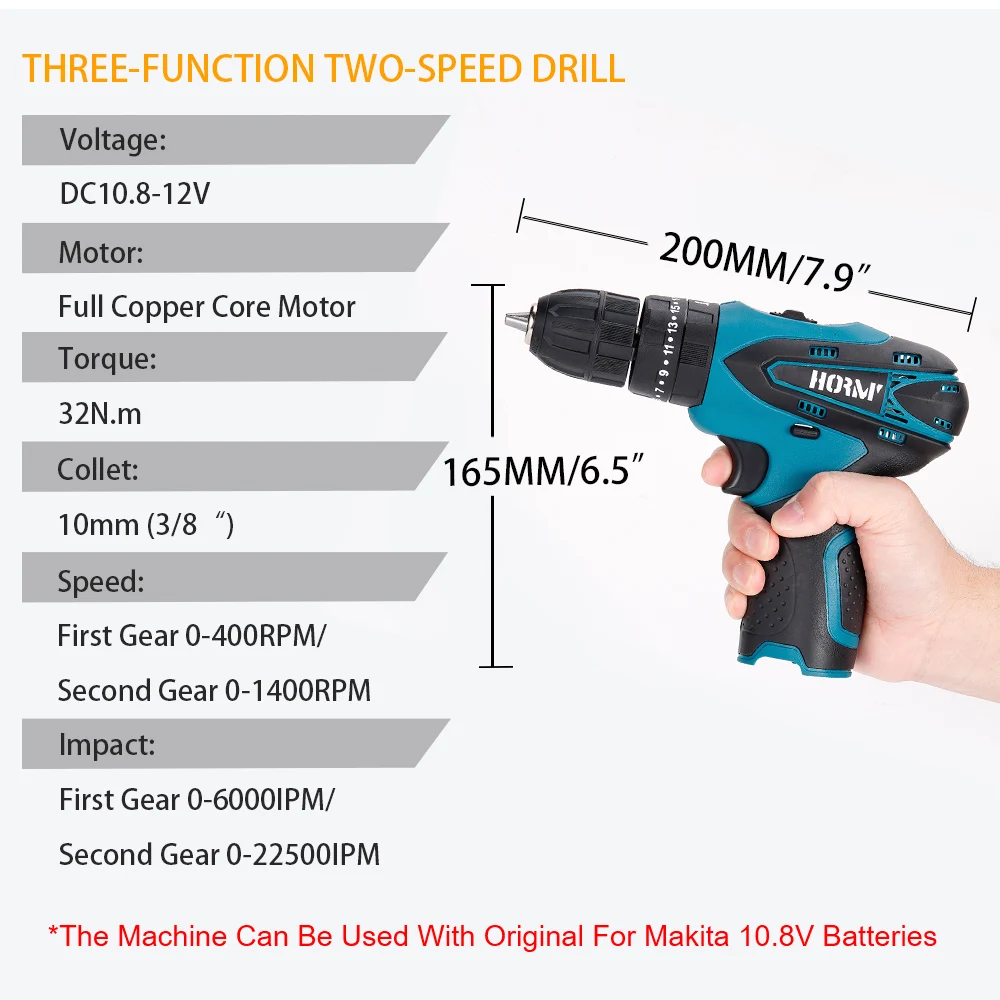 Hormy 12V 32N.m Cordless Electric Drill Screwdriver 3 Functions Mini Drill Electric Screwdriver Power Driver For Makita Battery