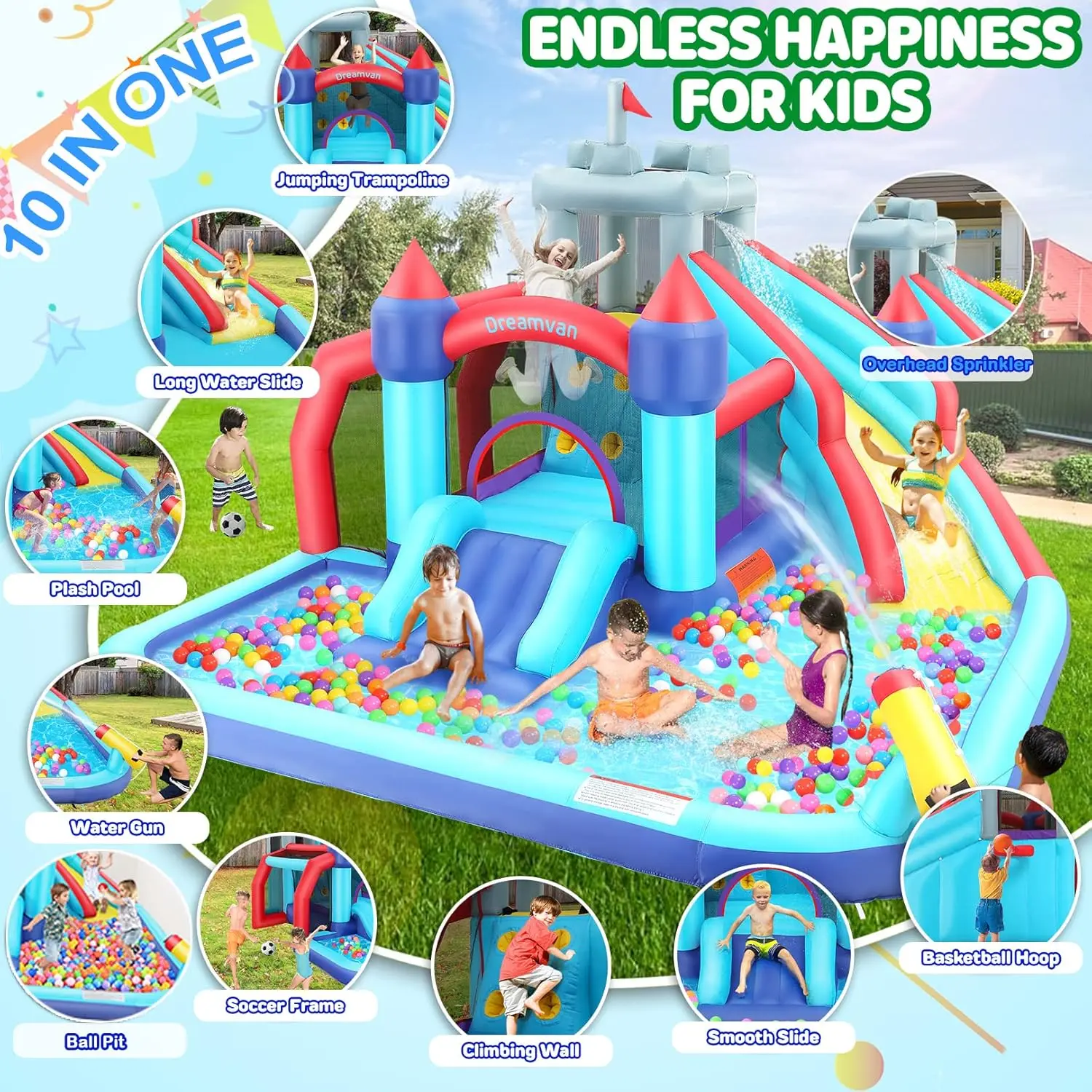 Nadmuchiwana zjeżdżalnia wodna, 10 W 1 Bounce House Park wodny z 580W ścianką wspinaczkową dmuchawy, basen rozbryzgowy, armata, obszar skoku, Basketba