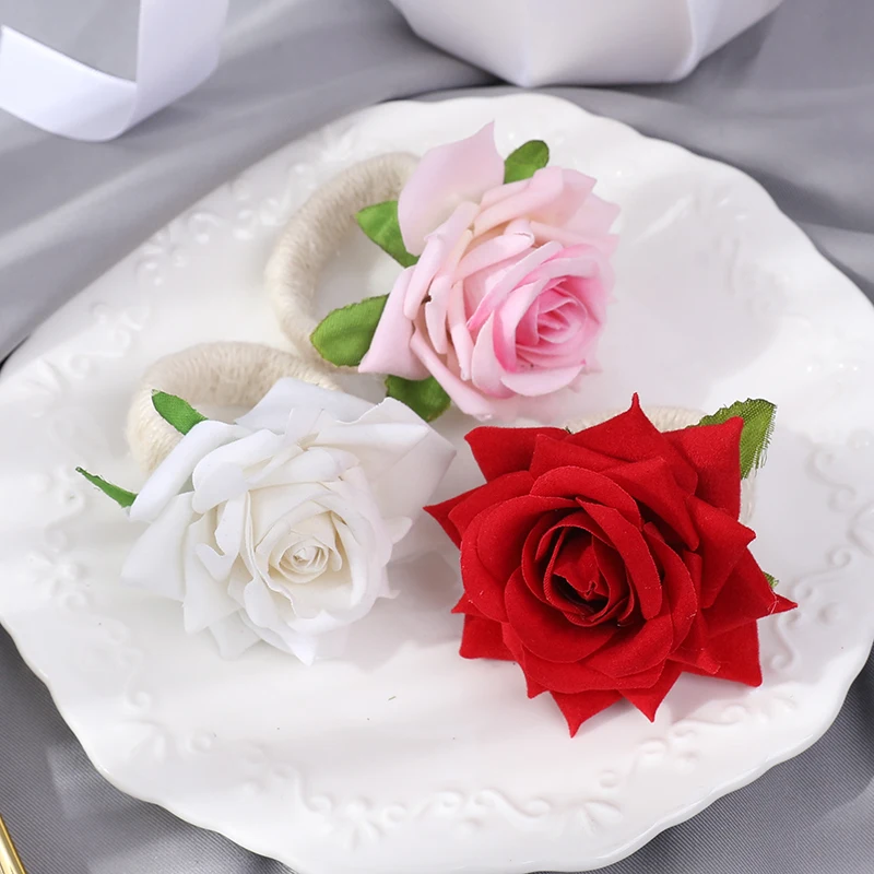 

1PC Artificial Rose Flowers Napkin Ring Buckle Tissue Rings Holders For Home Restaurant Wedding Valentine's Day Table Decoration