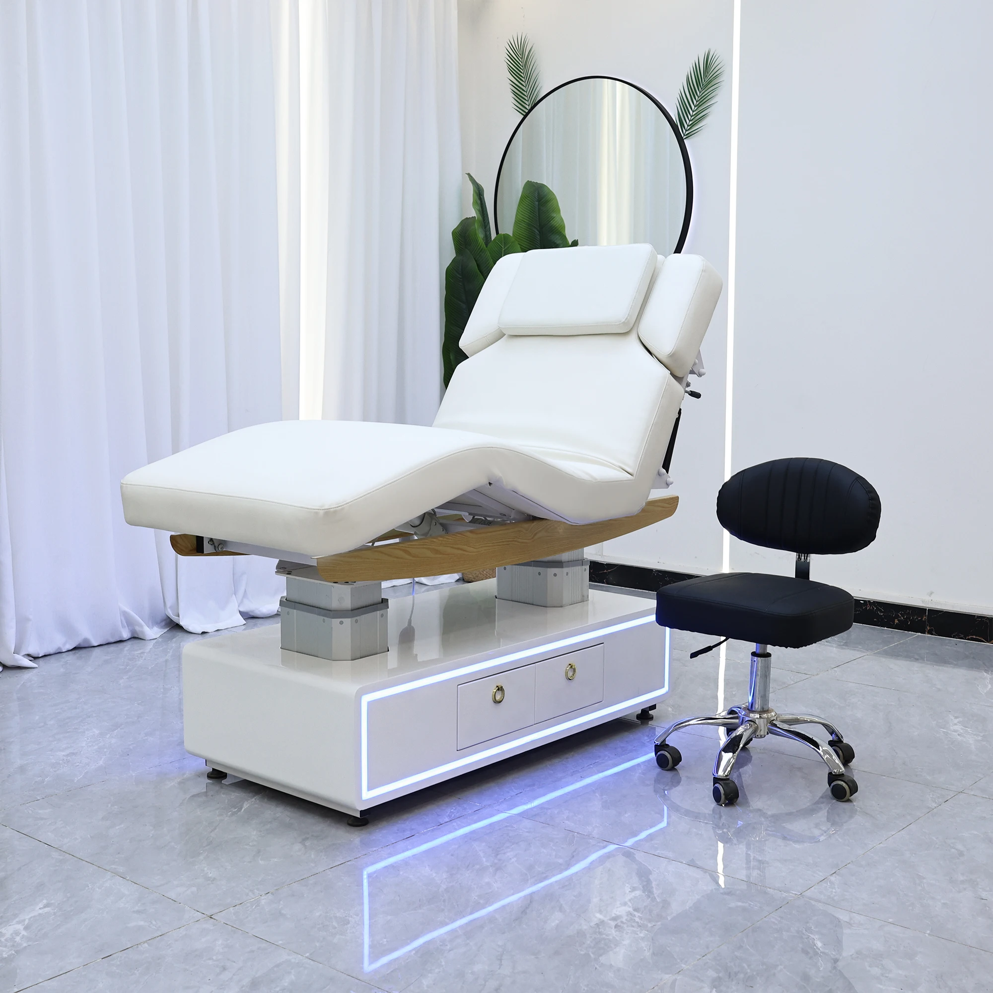 Electric Facial Massage Bed White PU Cabinet Base With Drawers LED Ambient Light Double Aluminum Column Lift Reclining Beauty Ta