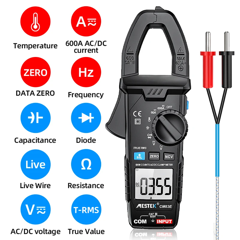 Mestek CM83E Clamp Meter 0-600A AC DC Current Pliers Ammeter True RMS NCV Current Clamp Data Zero Measure Live Diode Clamp Meter