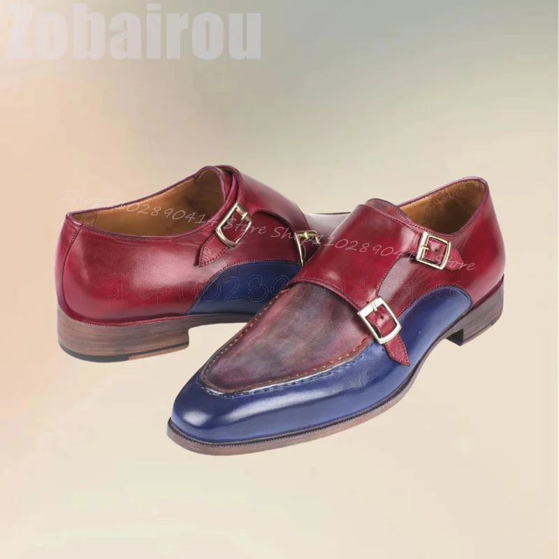 Mocasines de diseño de costura para hombres, zapatos de lujo hechos a mano, sin cordones, decoración de hebilla de Color rojo y azul degradado, fiesta, fiesta