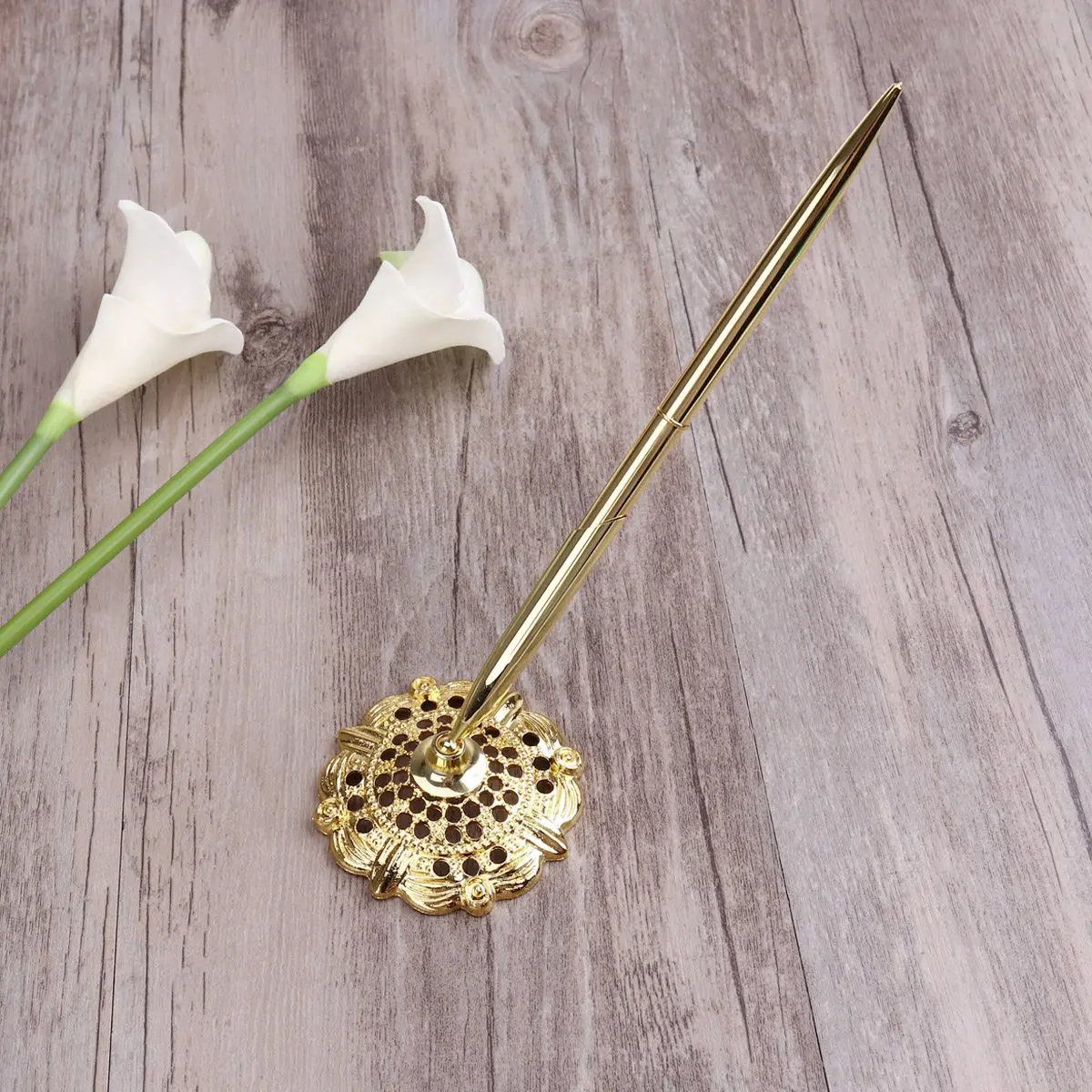 Golden Signing Pen 16Cm Alloy Hollow Round Pen Stand Rotates 360 Degrees Perfect for Wedding Bridal Engagement Guest Book Use