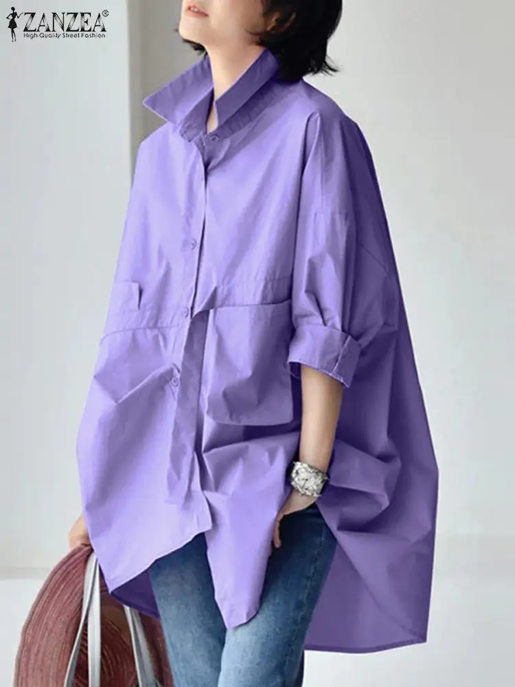 2024 ZANZEA Shirt Fashion Spring Lapel Neck Long Sleeve Loose Blouse Elegant Solid Casual Tops Work Party Blusas Oversize Women