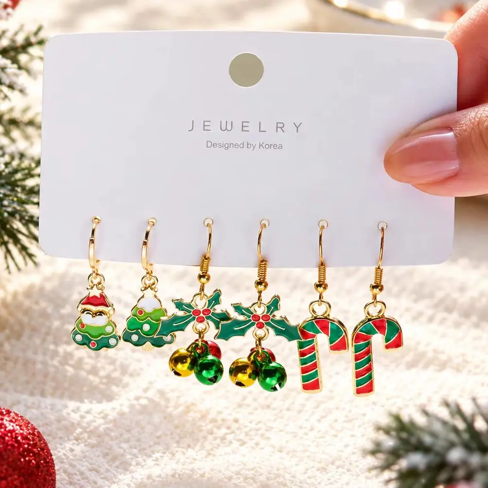 Multi Pair Santa Reindeer Christmas Hat Earrings for Women Niche Alloy Red Green Color Block Bell Earrings Festive Party Jewelry
