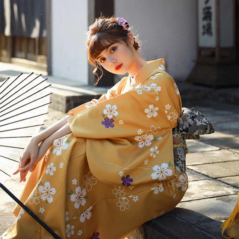 

Japanese Lady Yukata Dress Traditional Kimono with Obi Haori Long Robe Retro Sakura Cosplay Geisha Dance Performance Costume