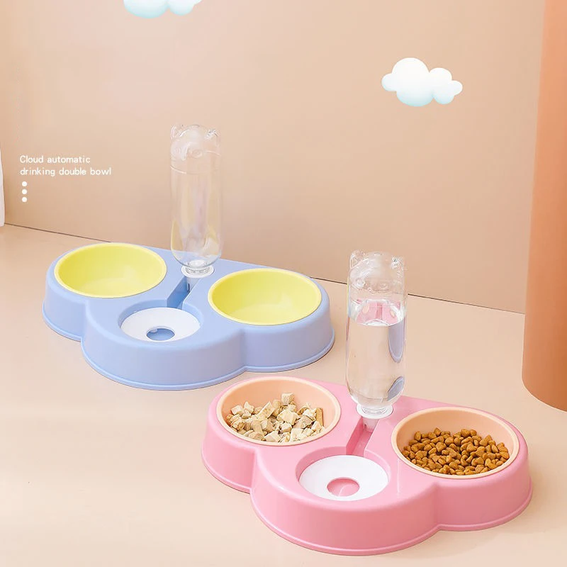 Pet Cat Bowl Automatic Feeder 3-in-1 Dog Cat Food Bowl With Water Fountain Double Bowl Drinking Raised Stand Dish Bowls For Cats