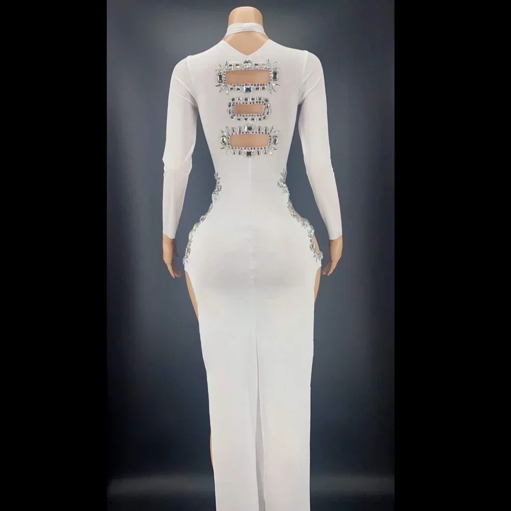 Veelkleurige uitgeholde glanzende steentjes sexy hoge split jurk voor vrouwen avond prom kleding toneelkostuum zanger draagt