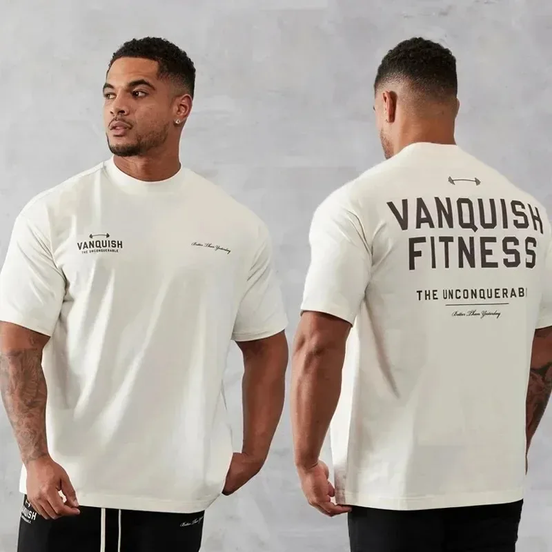 2024 Men Vintage Oversized T-Shirt Gym Fitness Cotton Short Sleeve Crew Neck Women T-shirt Summer Running Sports Clothes Tee image 2