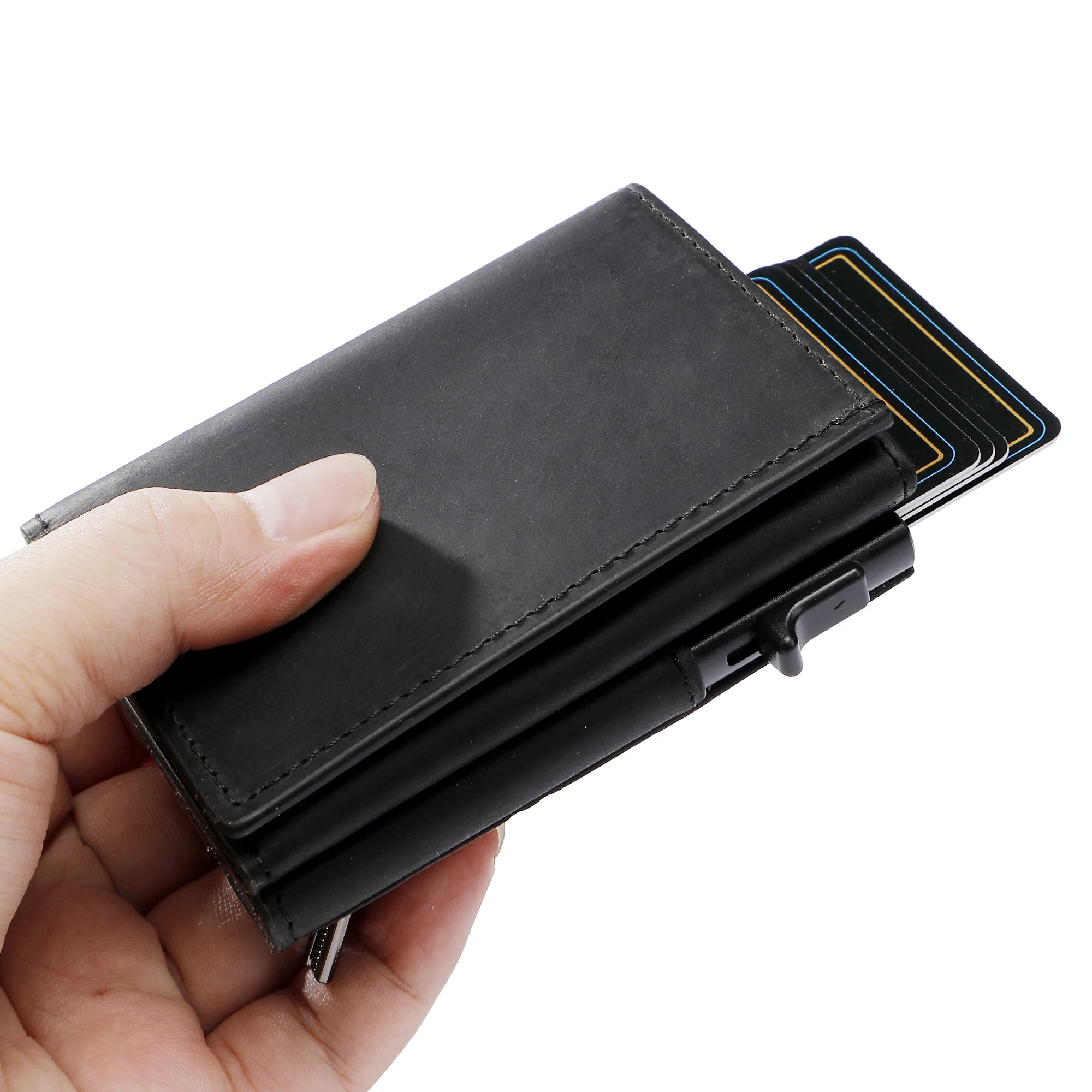 

Multifunction Genuine Leather Wallet Big Capacity Leather Card Holder Upscale Men Purse Pop Up Business Card Case RFID Blocking