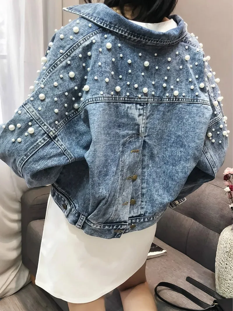 

Fashion Casual Denim Jacket Loose Short Denim Jackets with Pearl Bat Sleeve Long Sleeves Coats Cheap Wholesale New Autumn Winter