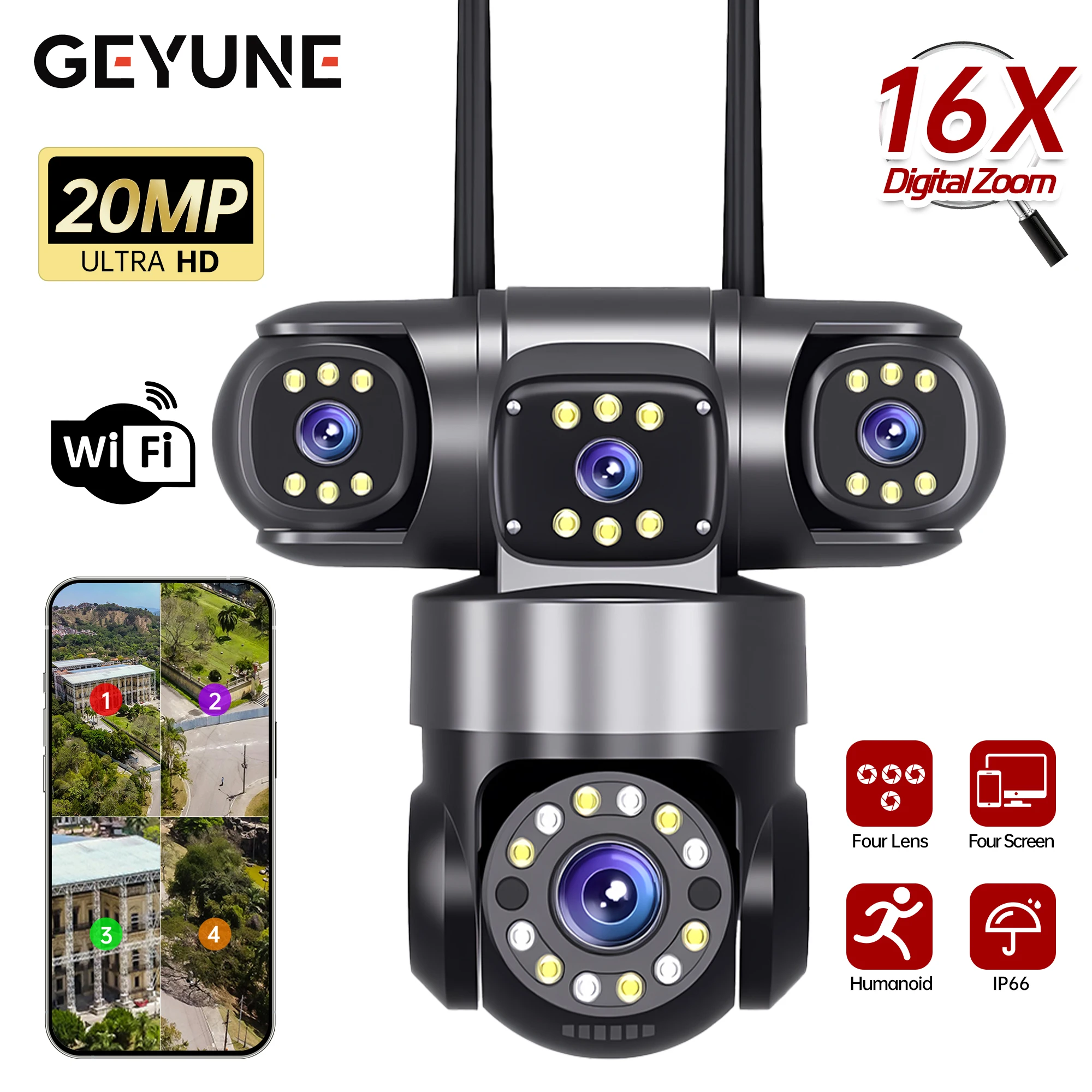 20MP WiFi Camera 10K Four Lens Four Screens 16X Zoom CCTV IP Camera PTZ Auto Tracking 360° Surveillance Video Security Camera