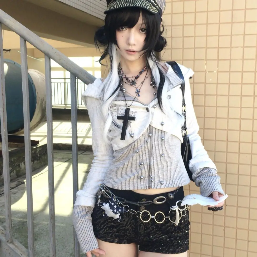

Aby Culture Retro Knitted Hoodie Y2K Punk Slim Fit Long Sve Cardigan Sweatirt Faionable Trendy Streetwear Sle