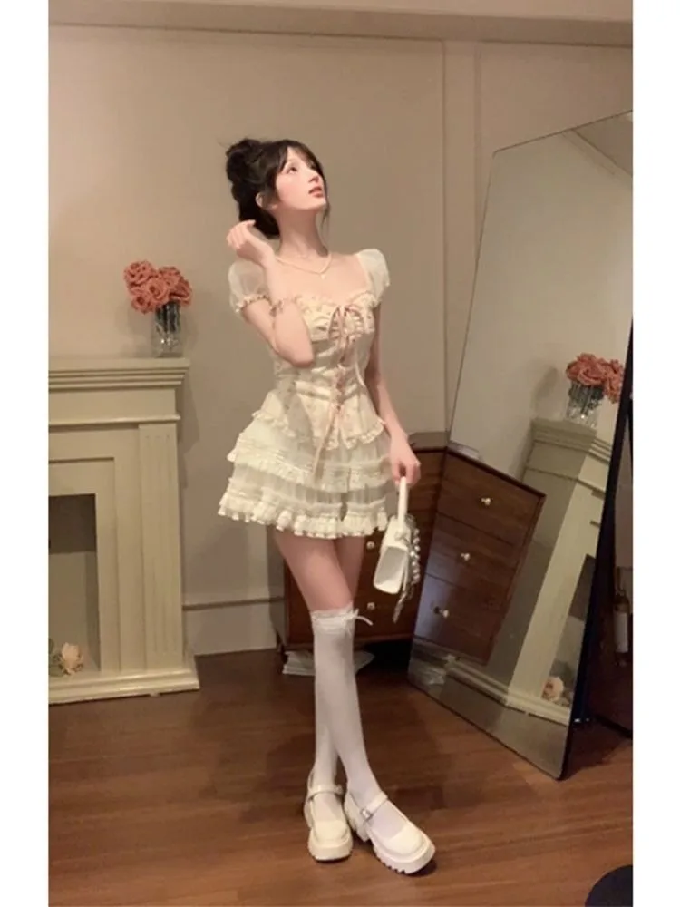 Sweet Square Collar Bow Puff Sleeve Slim Fit Floral Tops Women+ High Waist Ruched Lace Skirts 2025 Summer New Two Piece Sets