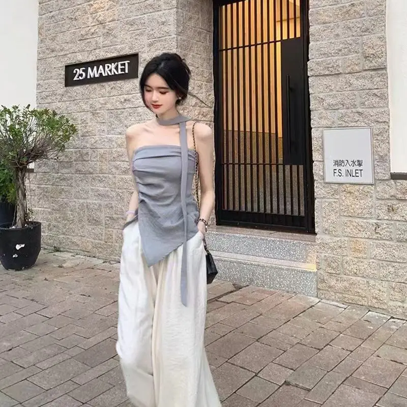 Damski top typu bustier z odkrytymi ramionami na lato 2025 z asymetrycznym wzorem do dojazdów do pracy i stylowych stylizacji