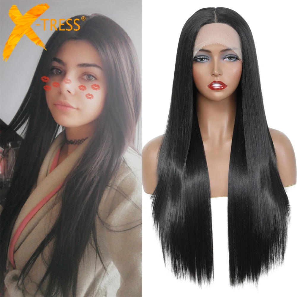 Synthetic Hair Lace Hair Wigs For Women X-TRESS Natural Black Highlight Purple Blue Long Yaki Straight Lace Wig Middle Part