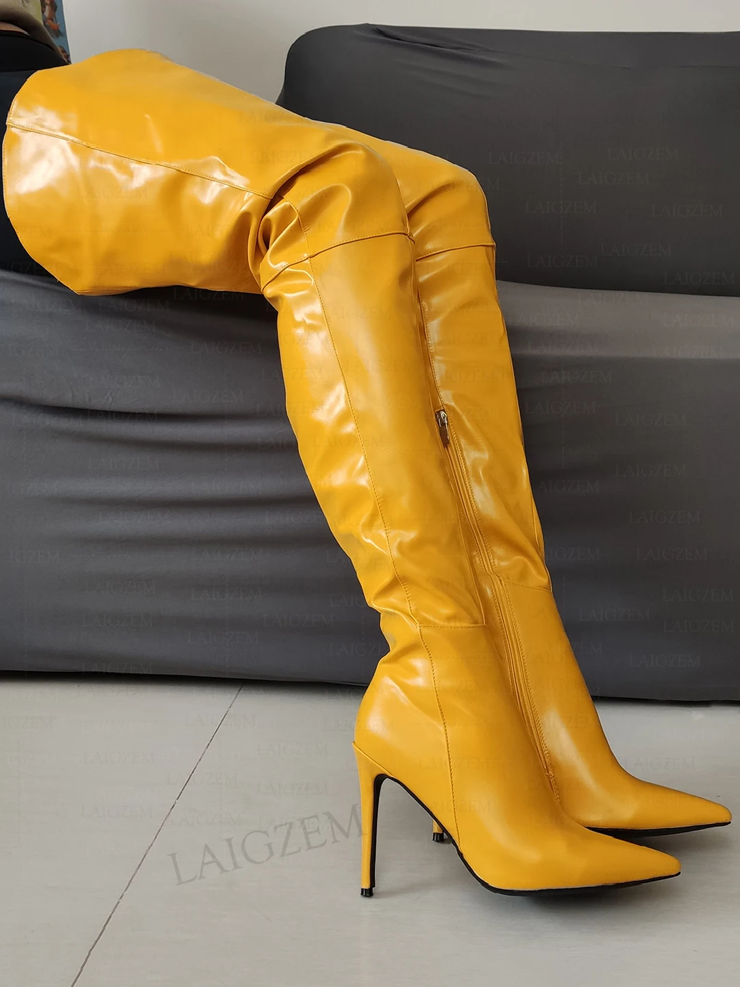 

LAIGZEM Women Thigh High Boots Pointed Toe V Cut Side Zip Stiletto High Heels Boots Over Knee Shoes Woman Plus Size 38 41 44 47