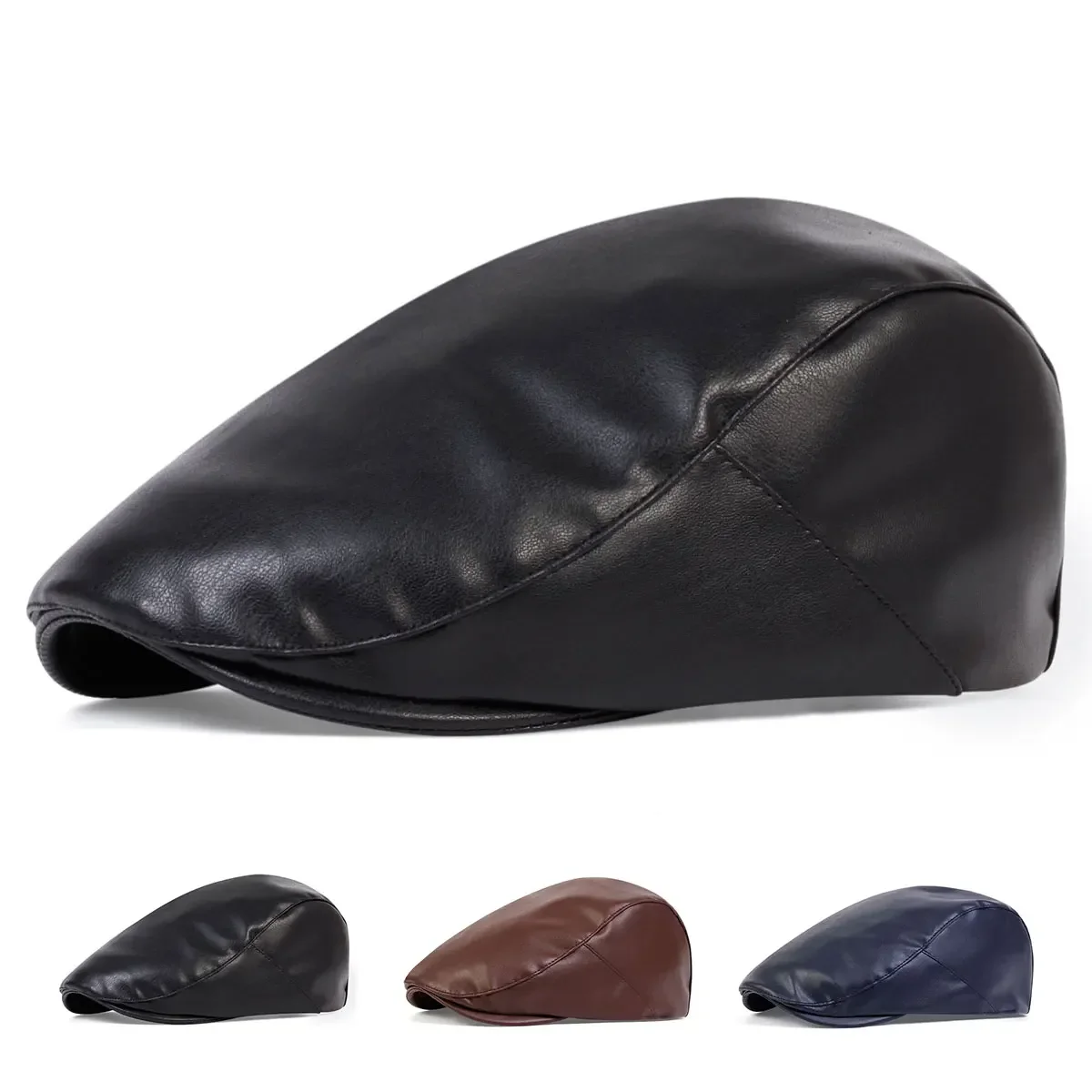 Herren Retro PU-Leder Einfarbige Newsboy Caps Britische Malerhüte Frühling Sommer Flatcap Hip Hop Baskenmützen