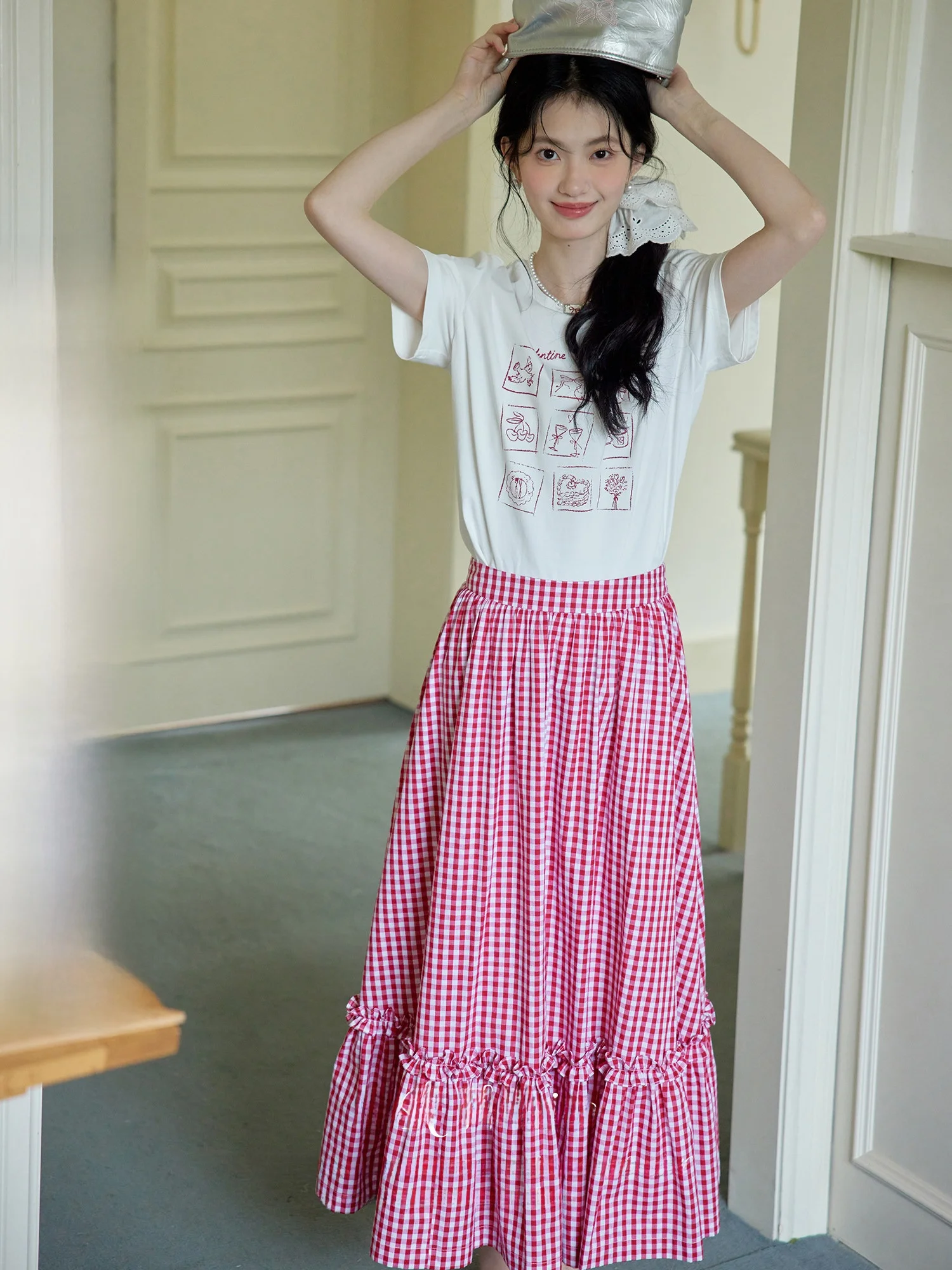 

ORWhite Retro Print Cotton T-irt Women Summer Red White round Ne ort Sve Basic Sle Base irt Top