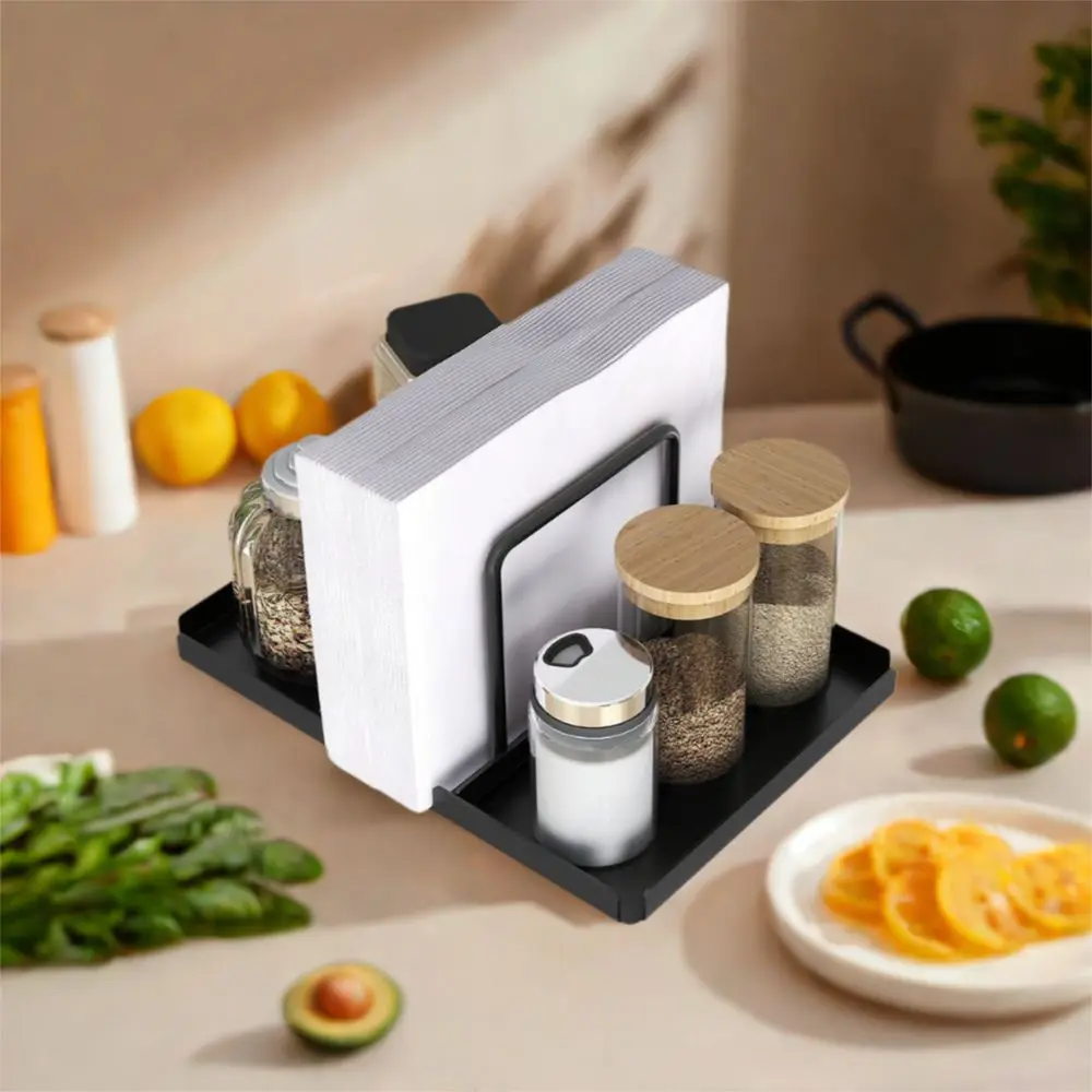 

Durable Metal Napkin Holder Space Saving Anti-slip Spice Bottle Storage Tray Black Kitchen Storage Rack Table