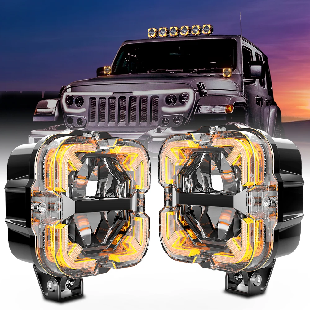 

2025 New 4Inch 90W Pair LED Driving Light, 8000LM Offroad Light IP67 Waterproof Square LED Pod Work Light High Low Beam with DRL