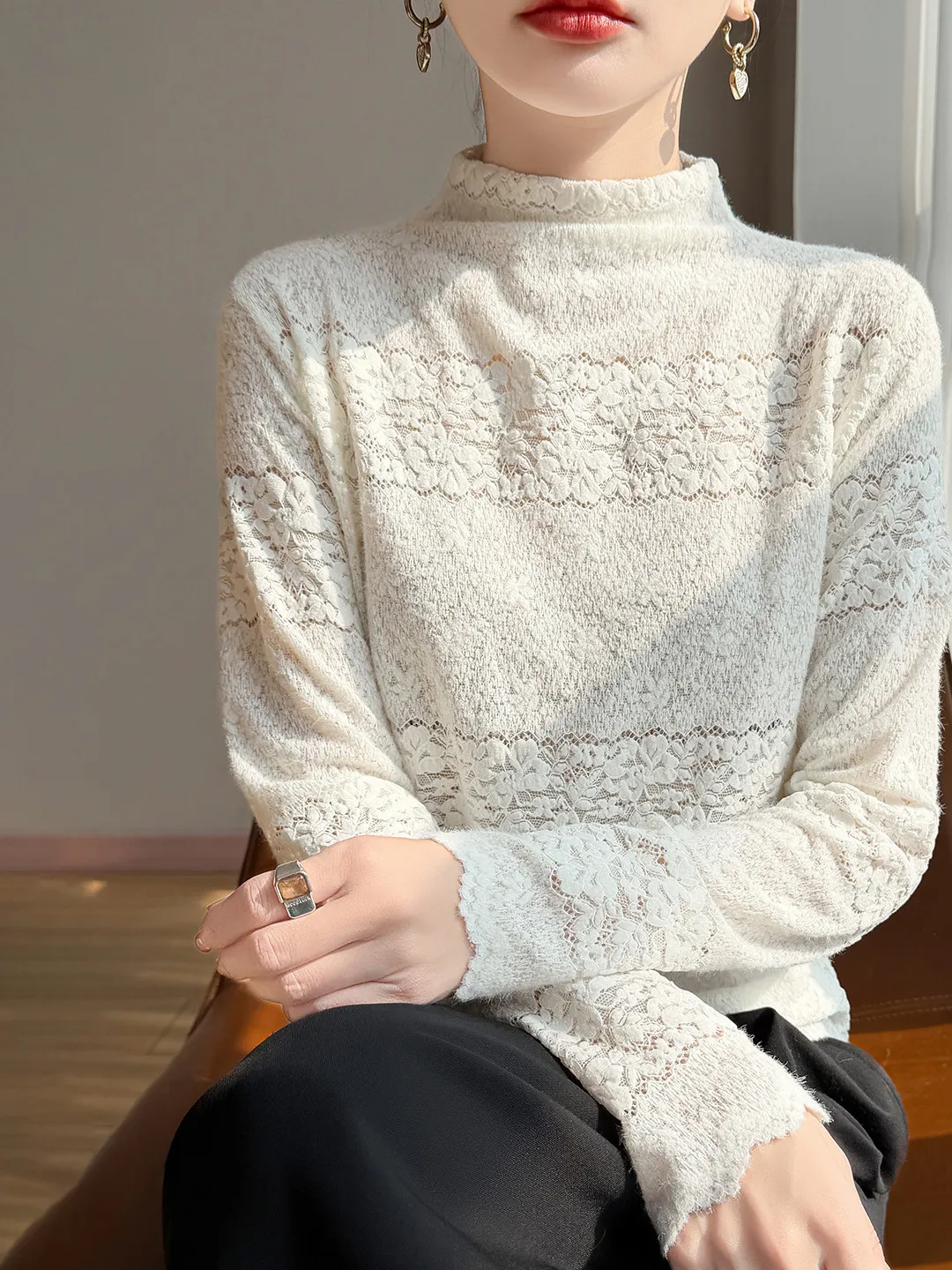 

Мягкий кружевной трикотажный топ Long Sve f с высоким воротником, женский топ Ele Base Layer белого цвета, свободная посадка для повседневного ношения