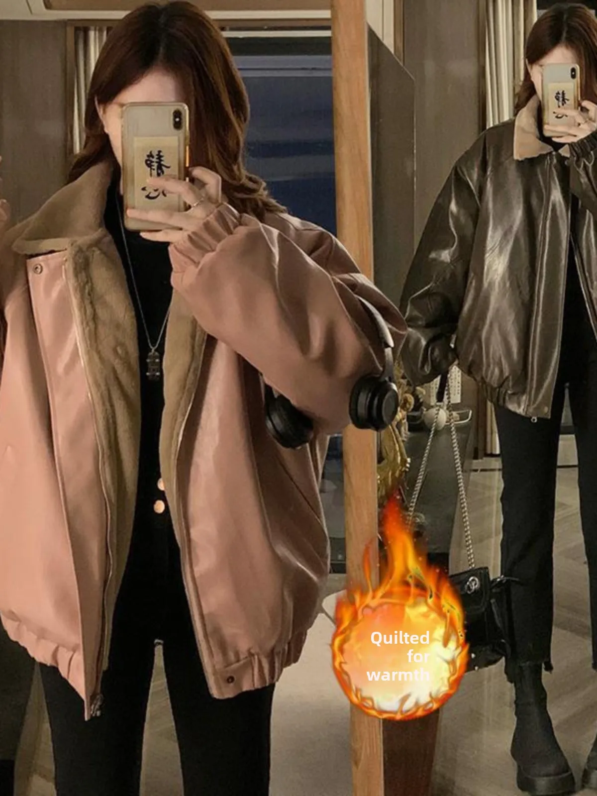 

American Retro Pink PU Leather Jaet Women's Winter Thiened Lamb Fur Collar Biker Cotton Clothes Outerwear Coat