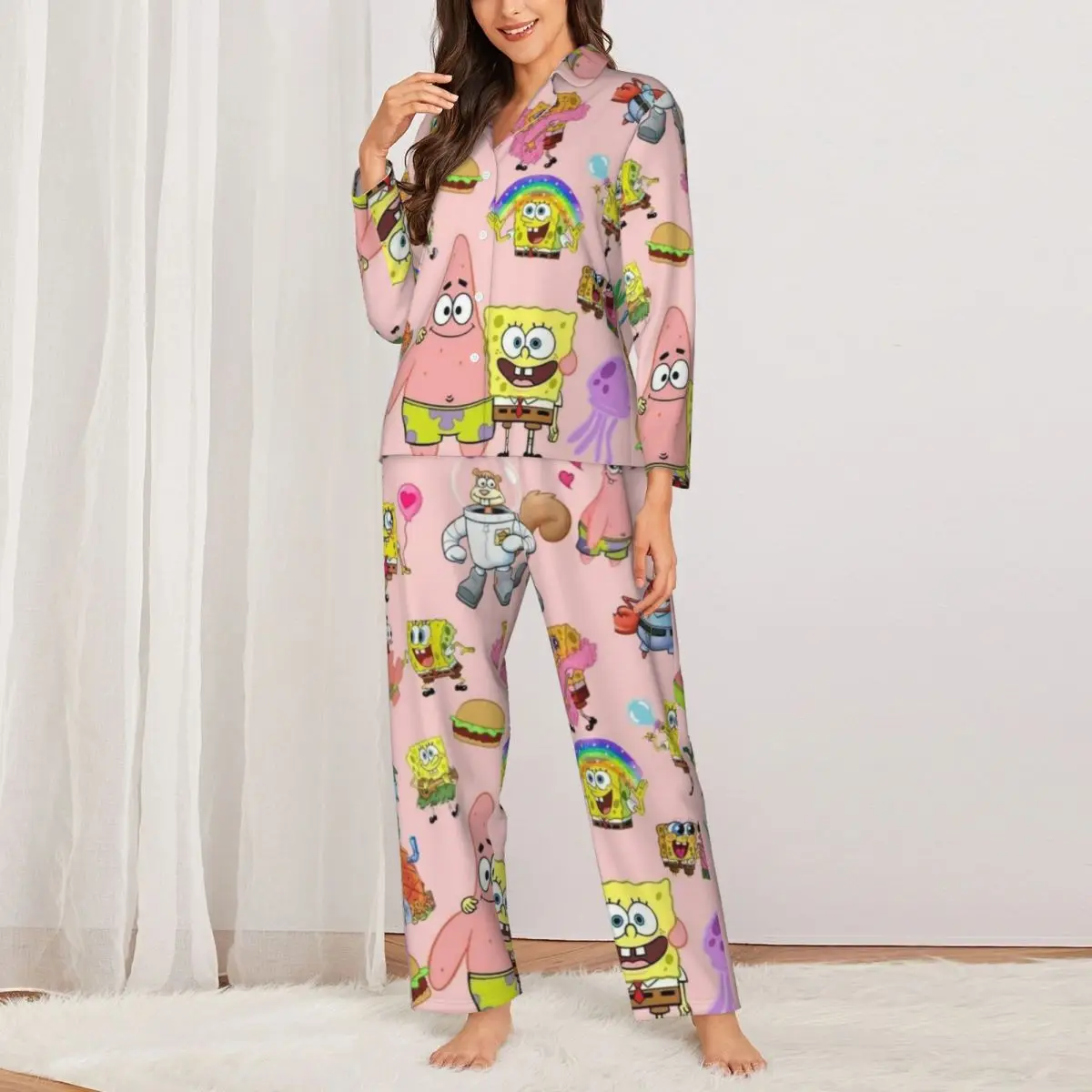 SpongeBob SquarePants Women\'s Pajamas Set Button Down Pajama 2 Piece Suit Pyjama Femme Nightwear Loungewear