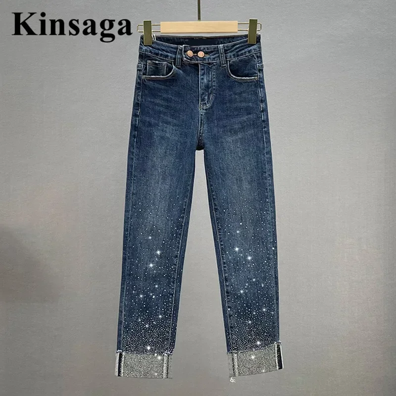 Basic Sequined Rhinestone Jeans Women Slim Fit High Waist Drilling Revers Ninth Stright Pants Female Ankle Length Demin Trousers