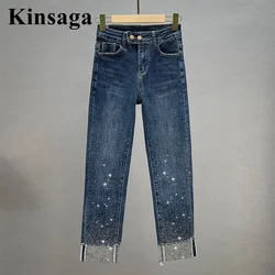 Calça jeans feminina de lantejoulas com strass slim fit, cintura alta demin até o tornozelo, calça strass feminina, perfuradora Revers, básica