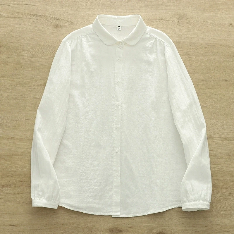 New 2026 Autumn Women Cotton Yarn Long Sleeve Shirt, Turn-down Collar Solid, Mori Girl Japan Style Soft Loose Blouse T6O661CC