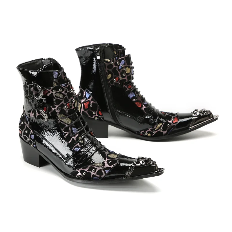 Black Patent Leather motorcycle Ankle Boots Men Pointed Toe Rivet Buckle Lace Up Block Heel Patchwork Punk Gothic Booties Club