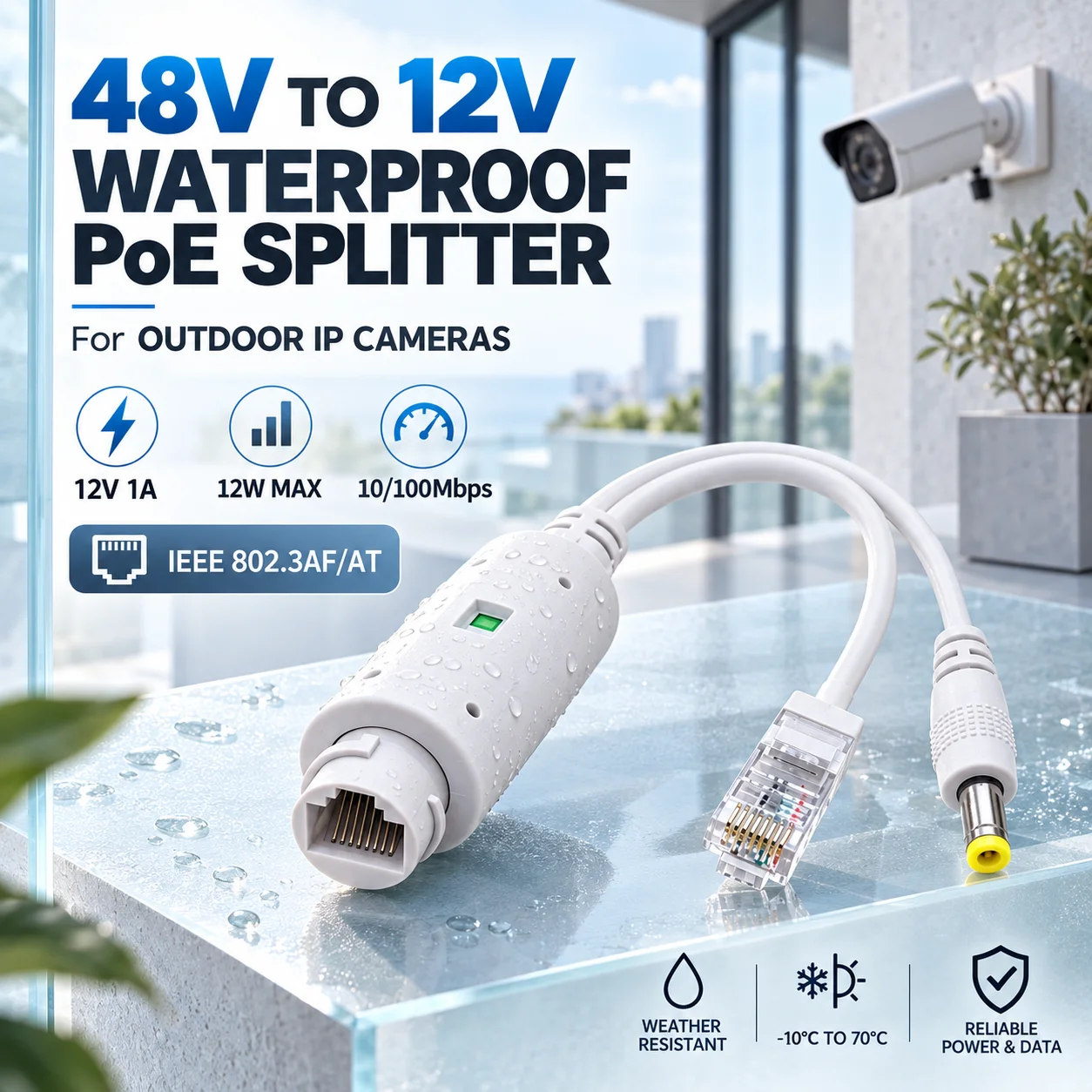 IEEE802.3af/at 48V to 12V POE Spliter Waterprrof With Video / Power Adapter Cable Supply Module Injector for IP Camera Extender