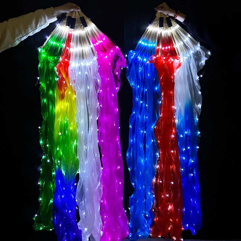 1PC 1.5M LED Luminous Long Silk Fans Bamboo Folding Fans Belly Dance Costume Performance Props Dancer Practice Long Dance Fan