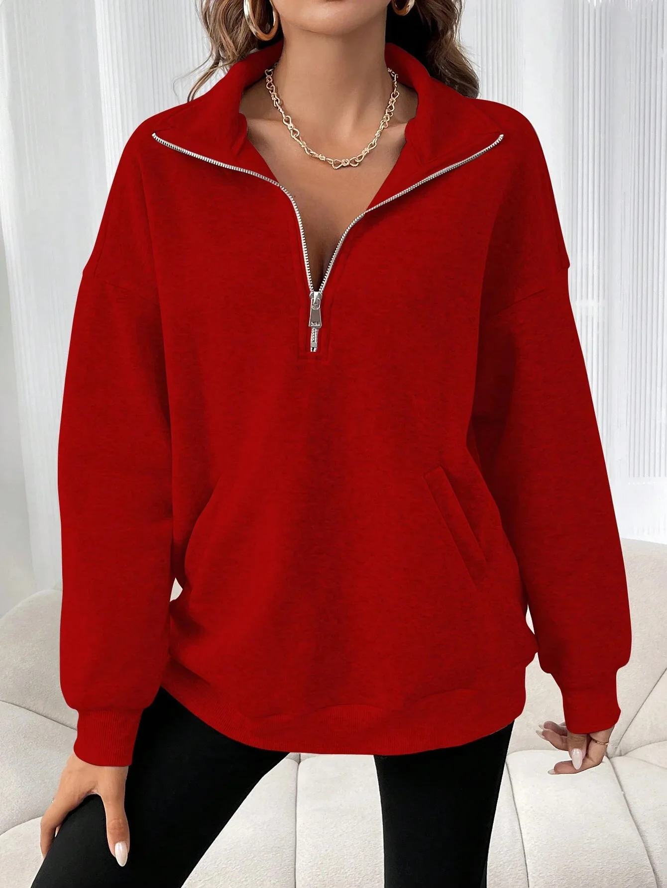 

Casual Sweatshirts For Women Autumn New Commuter Zipper Lapel Long Sleeve Loose Pocket Pullover Fashion Solid Color Warm Top