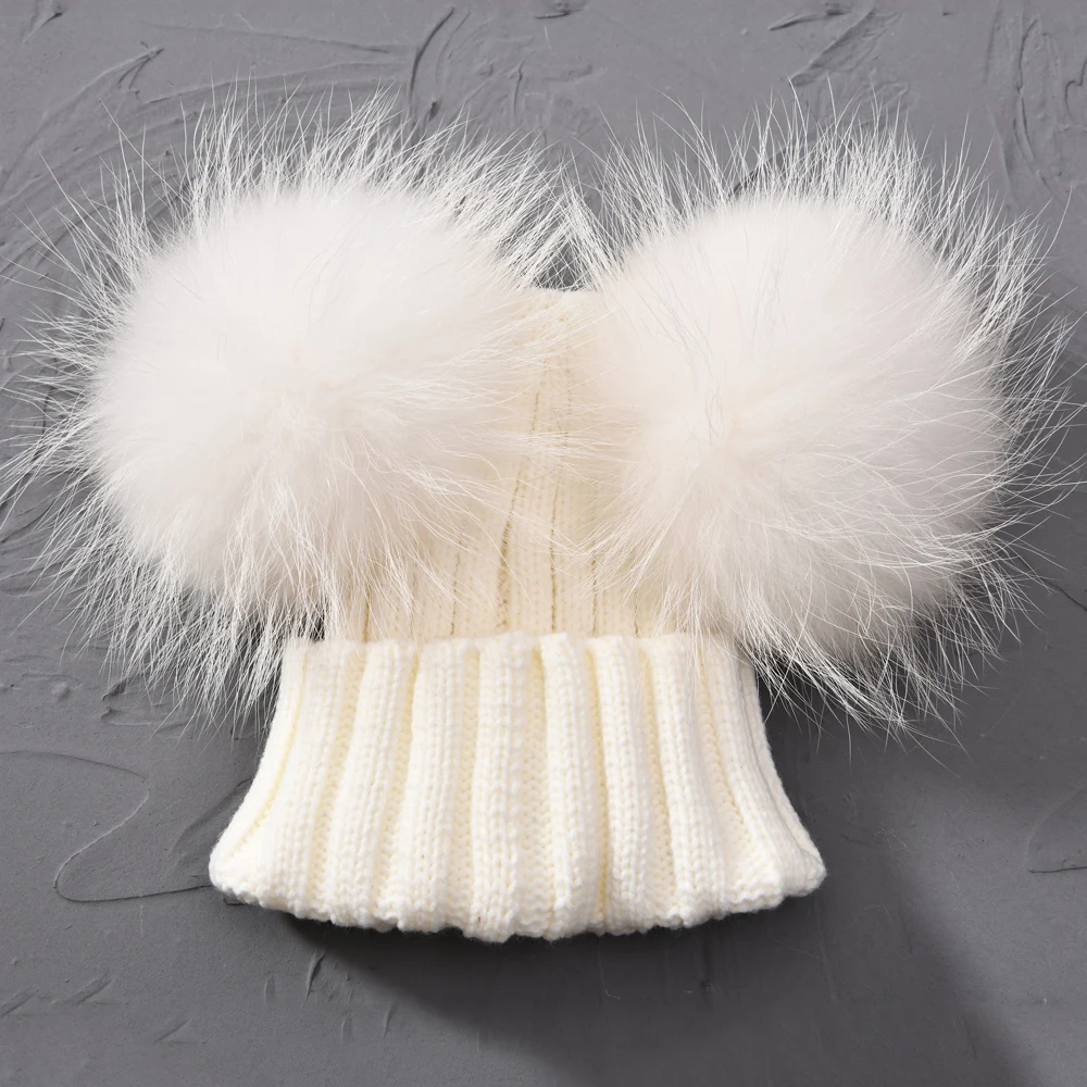 Winter Baby Knit Hat With Two Fur Pompoms Boy Girls Natural Fur Ball Beanie Kids Caps Double Real Fur Pom Pom Hat for Children