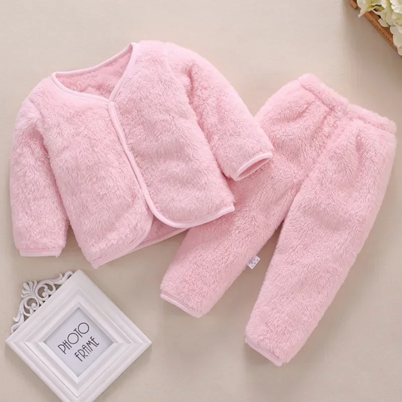 Autumn and Winter Warm Daily 2PCS Outfit 0-2 Years Newborn Baby Girl Fluff Clothes Set Long Sleeve Toddler Jacket Top + Pant