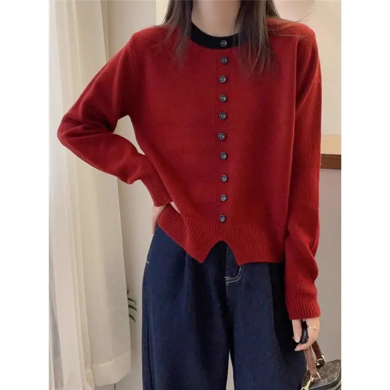 Casual Korean Fashion Buttons Solid Color Knitting O-neck Long Sleeve Youth Lively Bright Easy Close to the People Wild Generous