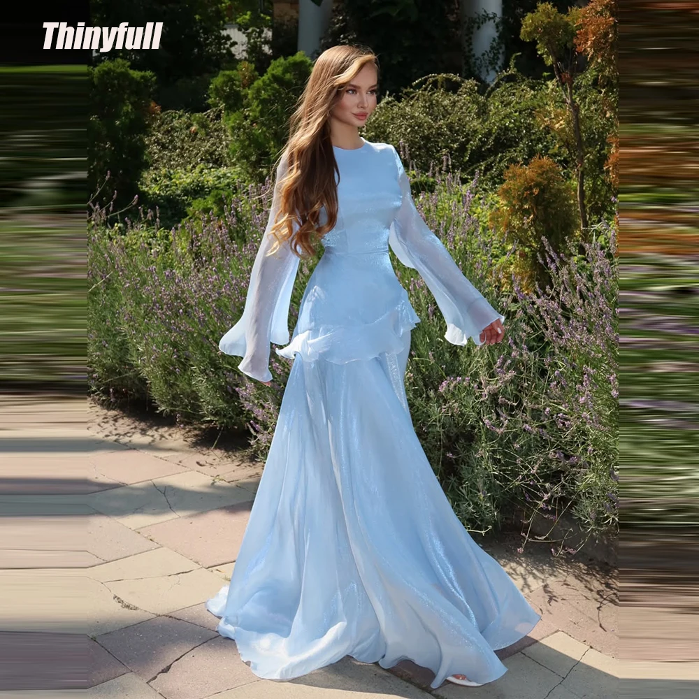 Thinyfull A-line Prom Dresses O-neck Long Sleeves Shiny Satin Evening Dress Vestidos De Fiesta Elegantes Gown Customized