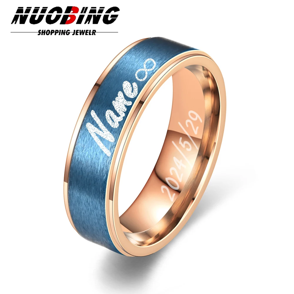 Personalized Double Ring Rose Gold Blue Stainless Steel Couple Promise Ring For Women Romantic Jewelry Gifts