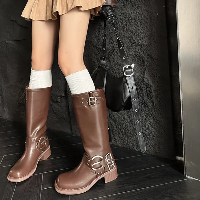 JOZHAMTA Size 34-42  Vintage Western Women Genuine Leather Knee-High Boots Thick High Heels 2023 Autumn Winter Shoes Woman Retro