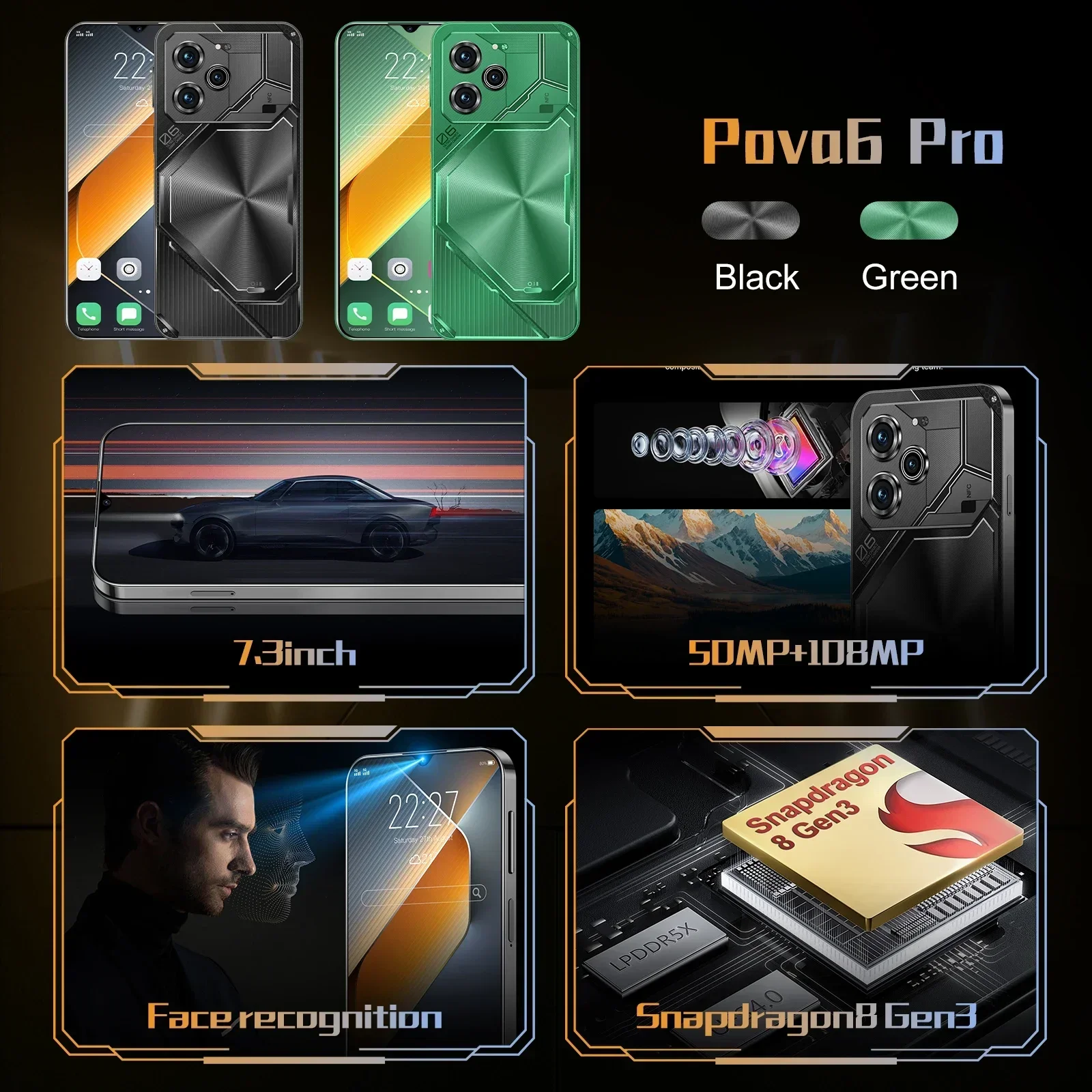 Original Pova 6 Pro Smartphone 5G Dimensity9200 7.3inch 22GB+2TB Cell Phone DualSIM MobilePhones 50+108MP Android14 Unlocked NFC