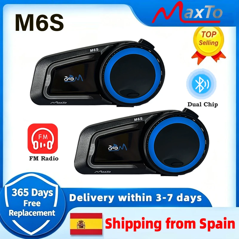 Zestaw słuchawkowy Bluetooth do kasku motocyklowego Maxto M6S, interkom, zasięg 1000 metrów, obsługa udostępniania muzyki, radio FM, wodoodporność IP67
