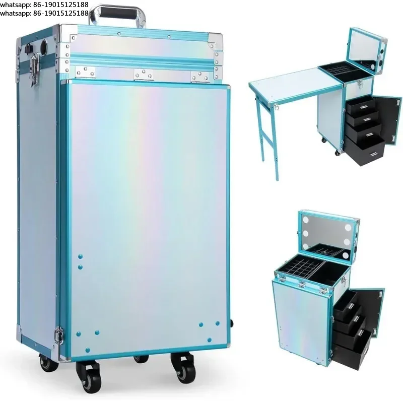 Portable Rolling Manicure Table with Speaker Foldable Travel Makeup Organizer Cart for Teaching Nails