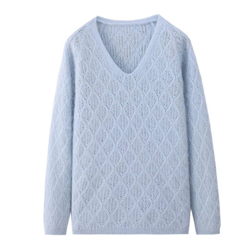 

Chic V-Neck Gentle Hollow Out Pure Color Sweater Women's Pullovers Basic Soft Warm 100% Mink Cashmere Casual Loose Tops