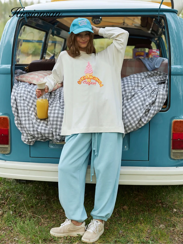 Hirsionsan Vintage Letter Graphic T-Shirts for Women Autumn Soft O-neck Long Sleeve Basic Tees Female Casual Loose Cotton Tops